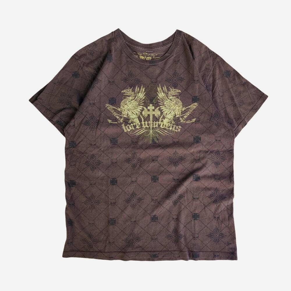 Y2K Affliction Style Brown Cotton T-Shirt with Gold Graphic of Two Birds Facing